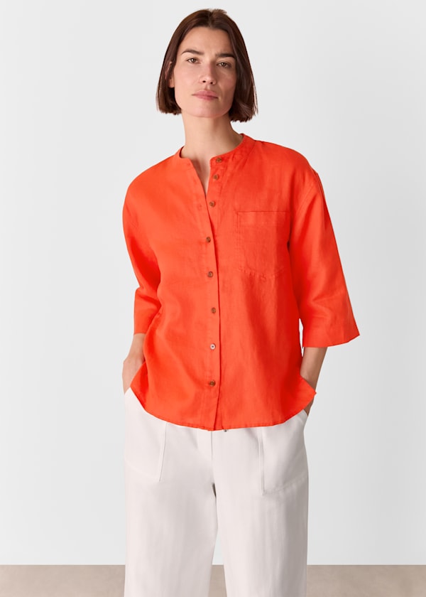 Red Linen Grandad Collar Shirt
