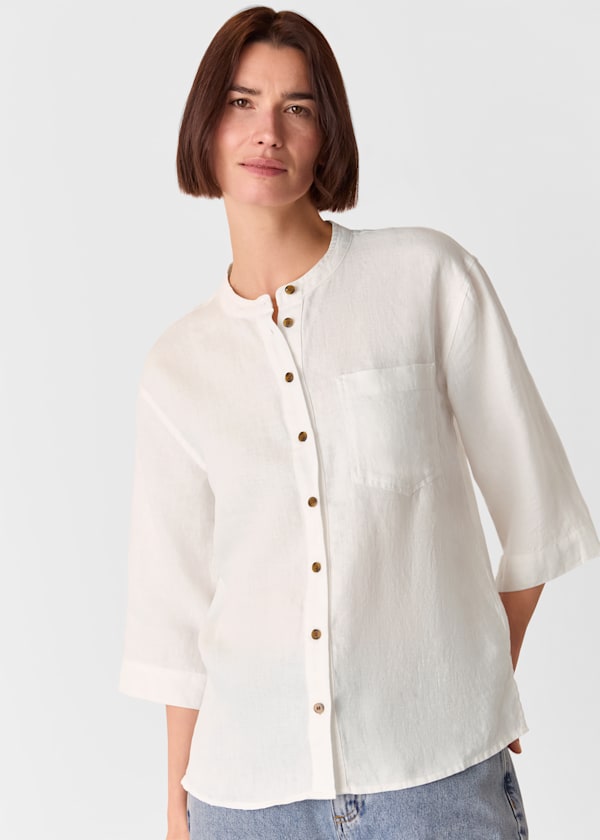 White Linen Grandad Collar Shirt