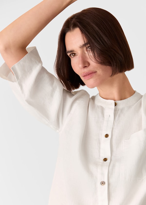 White Linen Grandad Collar Shirt