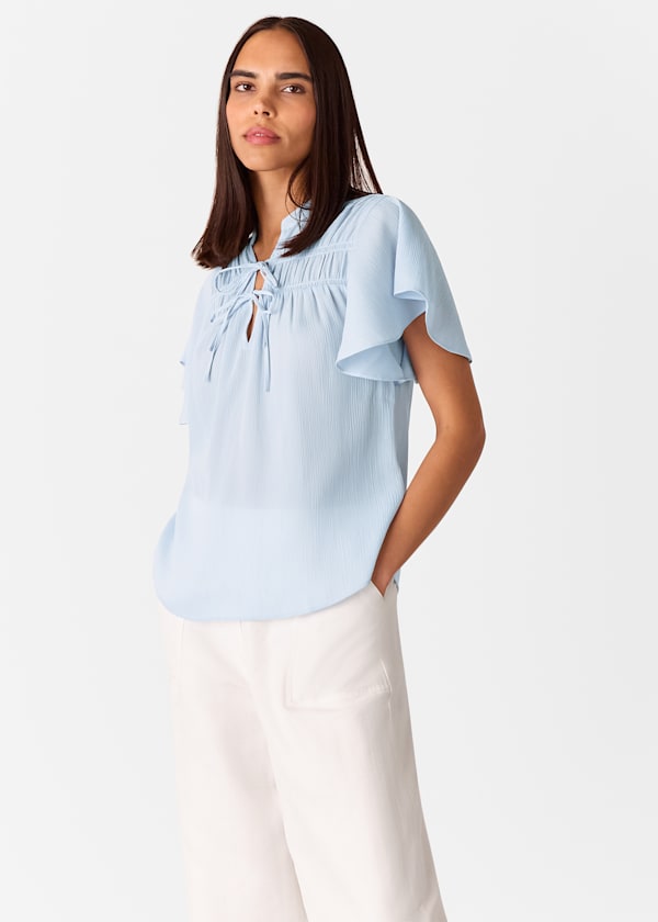 Pale Blue Frill Sleeve Tie Front Blouse