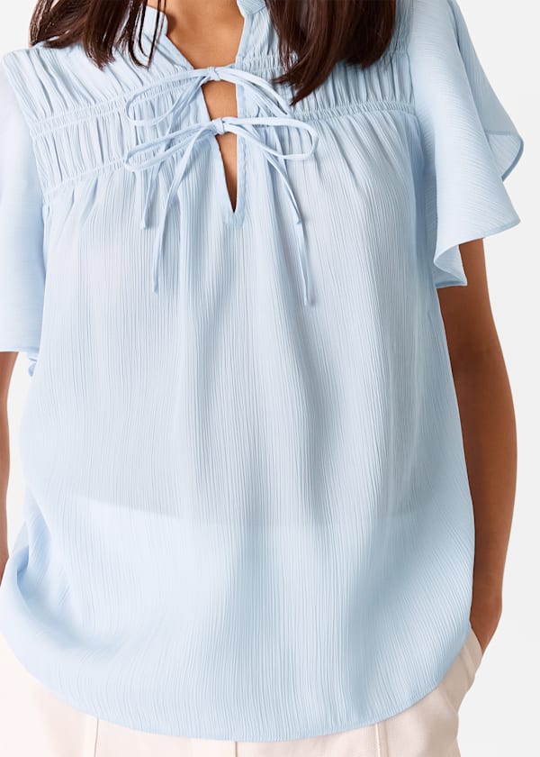 Pale Blue Frill Sleeve Tie Front Blouse