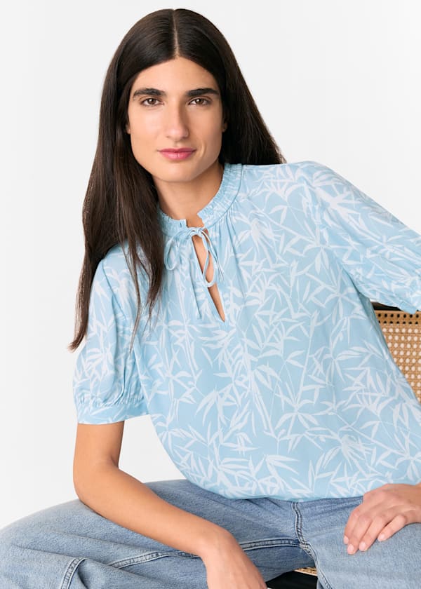 Blue Bamboo Leaves Tie Neck Blouse