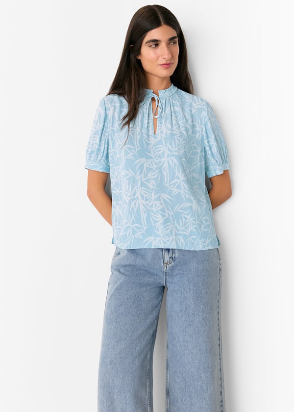 Blue Bamboo Leaves Tie Neck Blouse