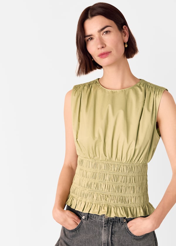 Olive Cotton Shirred Tank