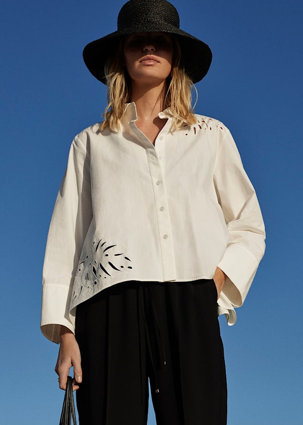 White Leaf Embroidered Cotton Shirt