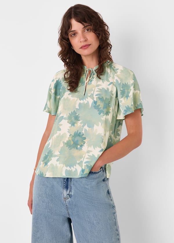Blue Floral Tie Neck Blouse