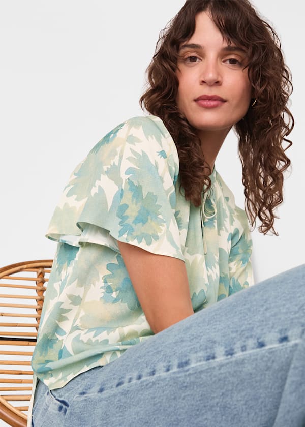 Blue Floral Tie Neck Blouse