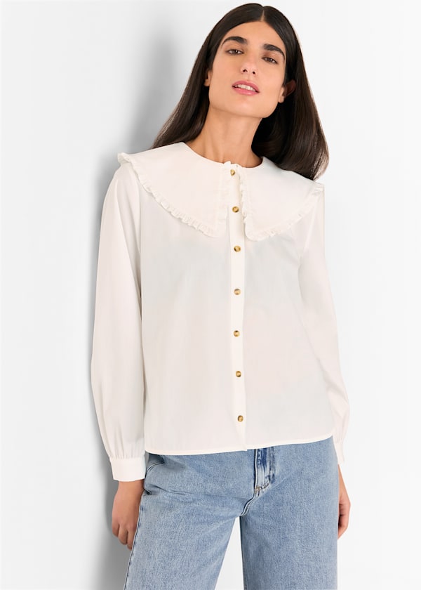 White Cotton Collar Detail Top