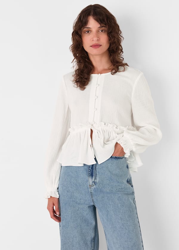 White Cotton Frill Peplum Blouse