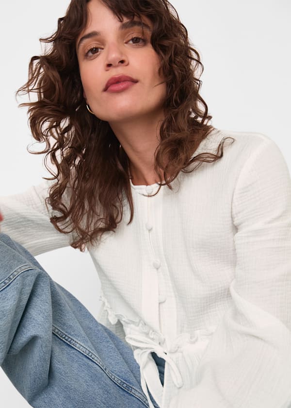 White Cotton Frill Peplum Blouse