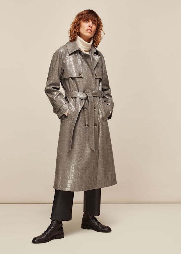 Grey Croc Belted Trench Coat