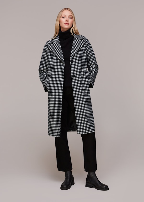 Black Gingham Wool Cocoon Coat