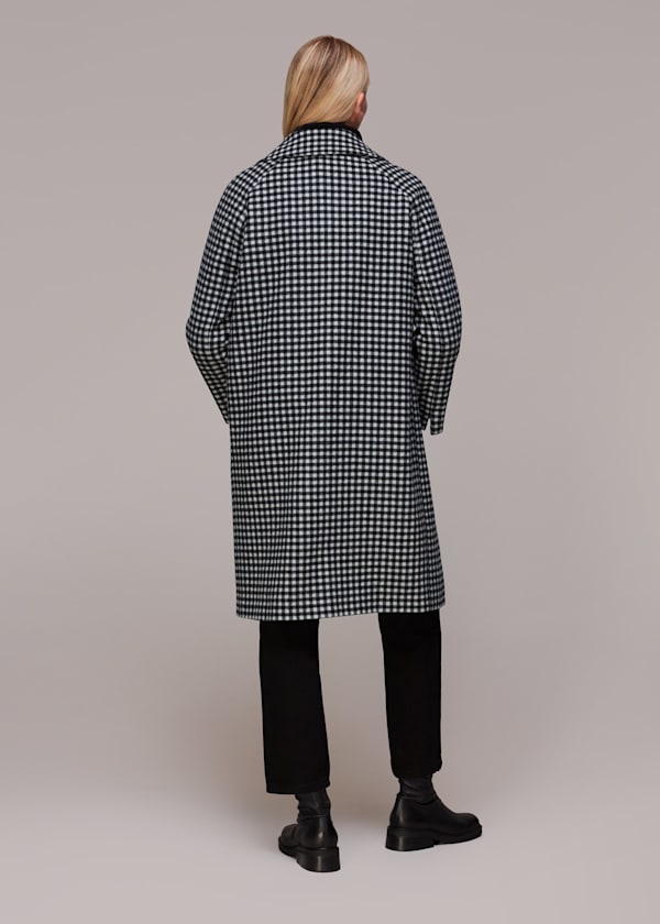 Black Gingham Wool Cocoon Coat