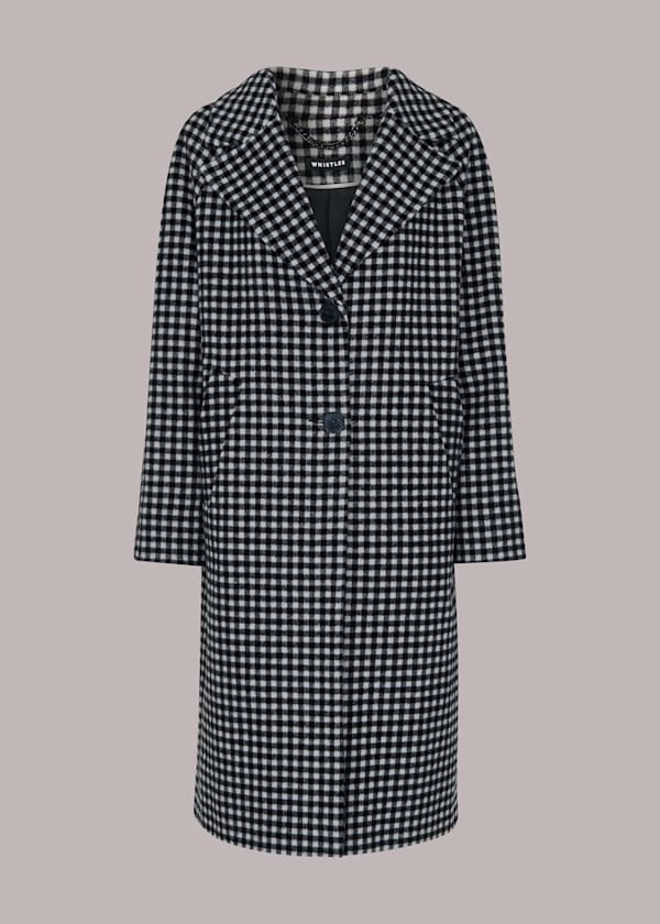 Black Gingham Wool Cocoon Coat
