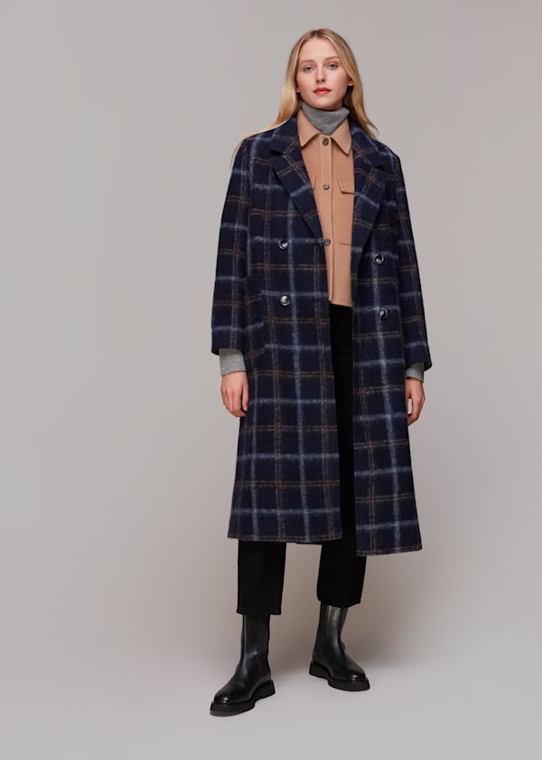 Navy Wool Double Breast Check Coat