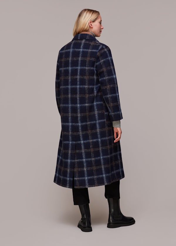 Navy Wool Double Breast Check Coat