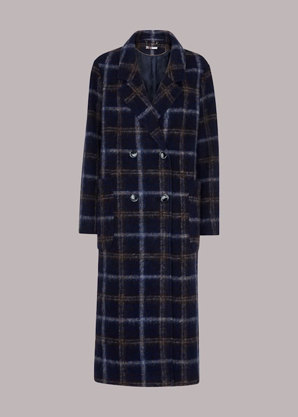 Navy Wool Double Breast Check Coat