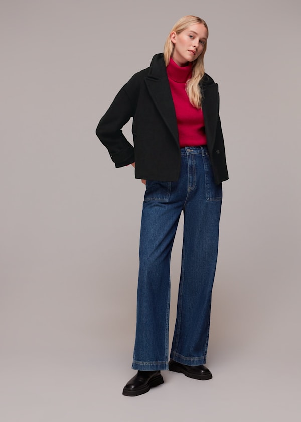 Black Relaxed Cropped Wool Coat
