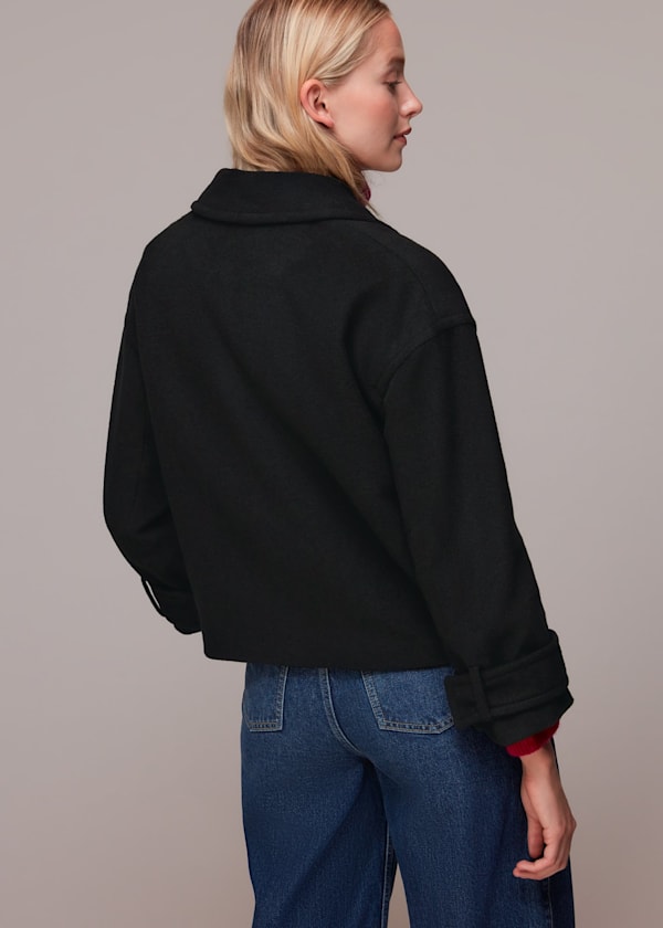 Black Relaxed Cropped Wool Coat