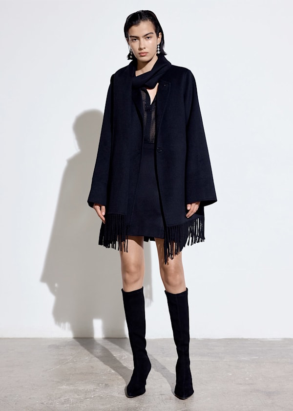 Black Double Face Wool Fringe Coat