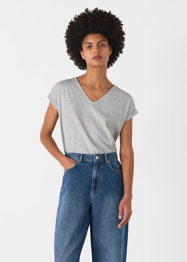 Grey Marl Willa V-Neck Cap Sleeve Tee