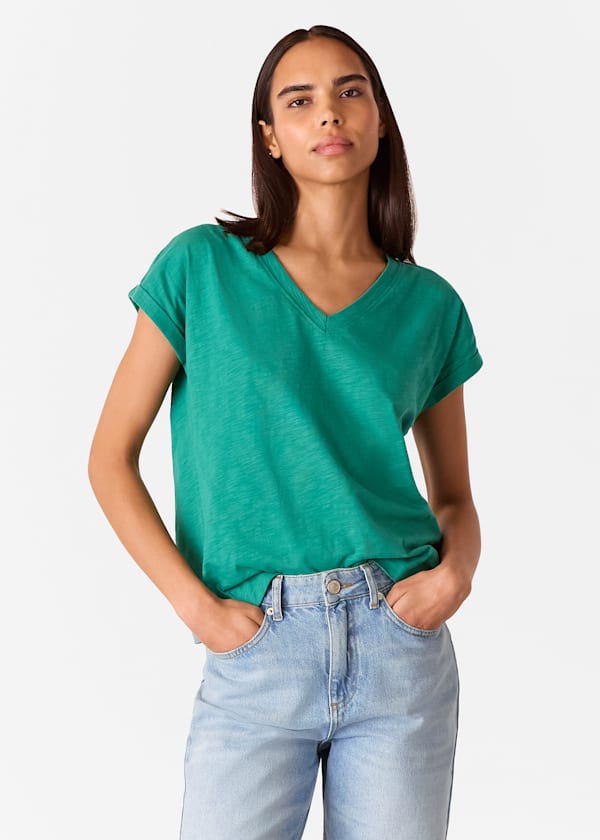 Green Willa V Neck Cap Sleeve Tee