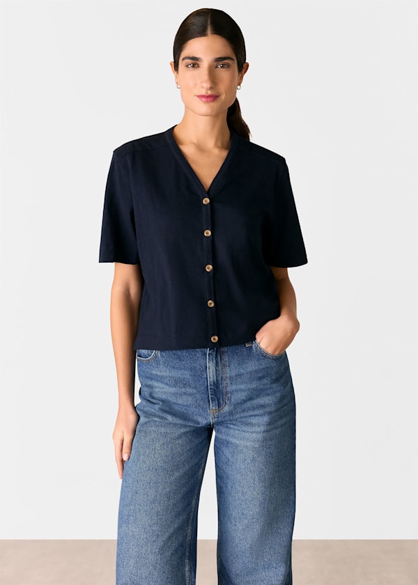Navy Ella V Neck Button Through Tee