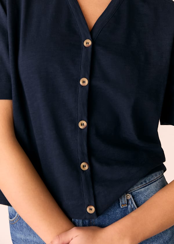 Navy Ella V Neck Button Through Tee