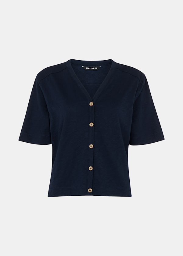 Navy Ella V Neck Button Through Tee