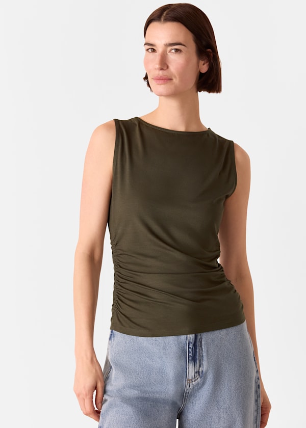 Khaki Gathered Side Detail Top