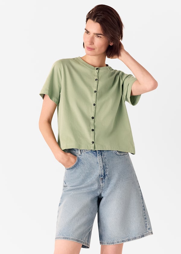 Sage Green Round Neck Button Up Tee