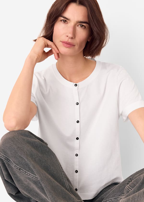 White Round Neck Button Up Tee