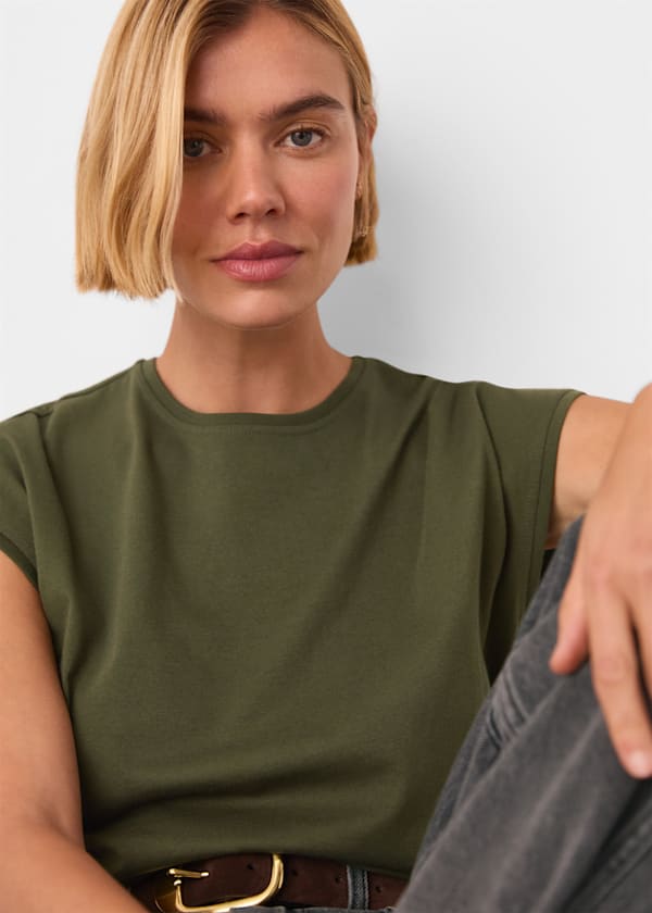 Khaki Double Trim Cap Sleeve Tee