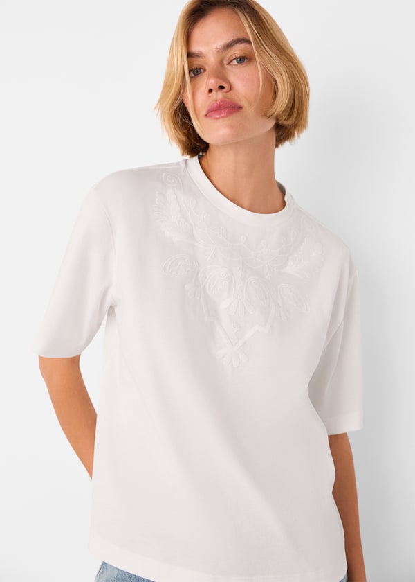 White Embroidered Cotton T-Shirt
