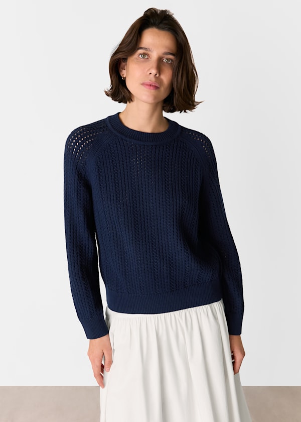 Navy Pointelle Crew Neck Knit