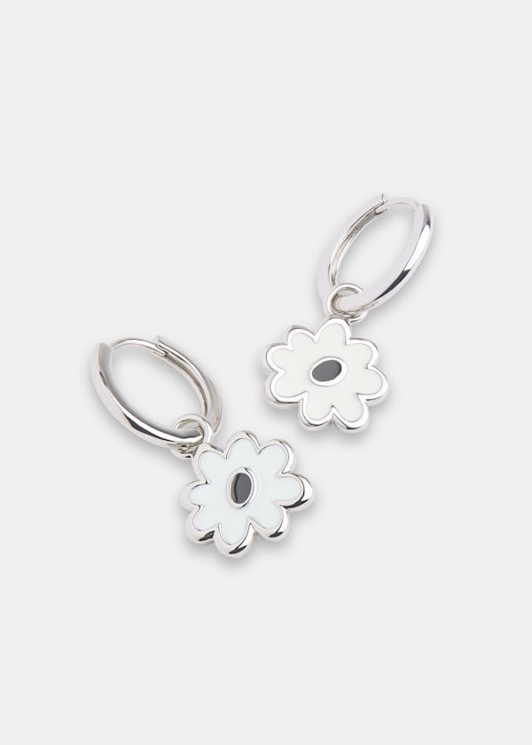 Silver Enamel Flower Huggie Hoop