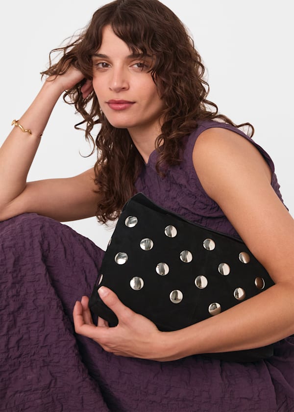 Black Fia Studded Foldtop Clutch Bag