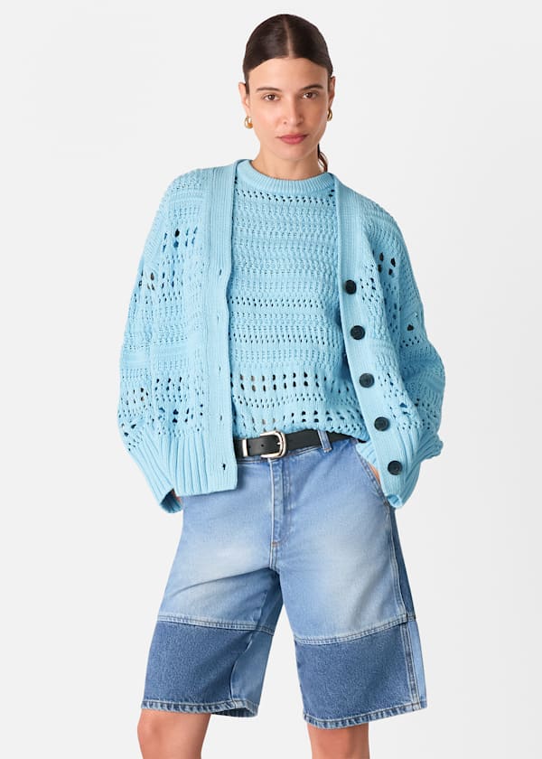 Blue Cotton Pointelle Cardigan