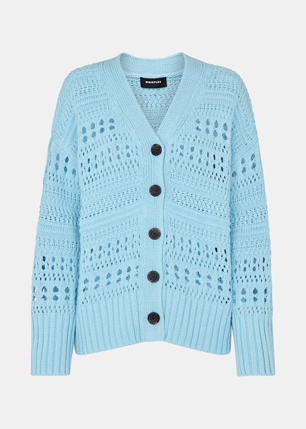 Blue Cotton Pointelle Cardigan