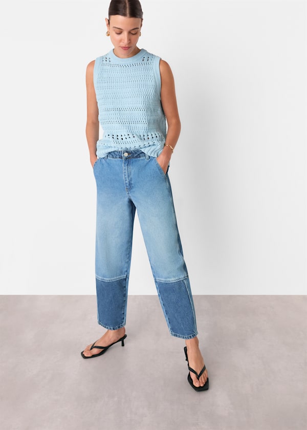 Denim Patchwork Barrel Leg Jean