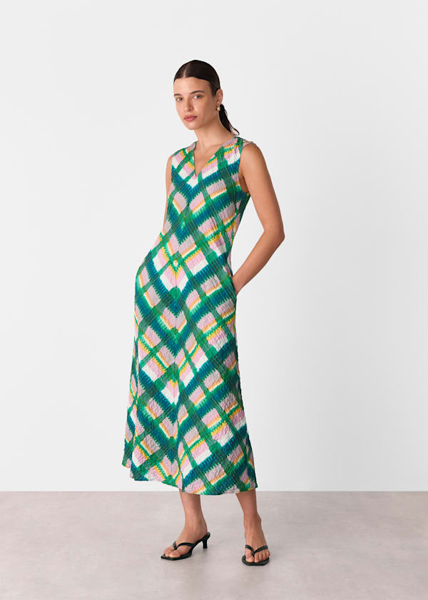 Green Sleeveless Checked Dress
