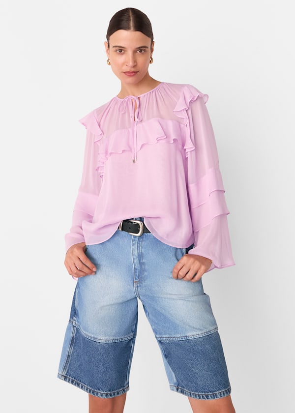 Pale Pink Sheer Tie Neck Frill Blouse