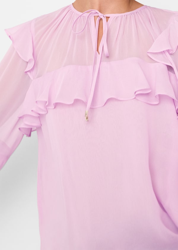 Pale Pink Sheer Tie Neck Frill Blouse