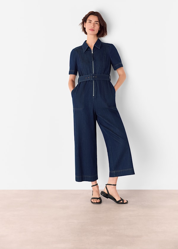 Denim Pintuck Belted Jumpsuit