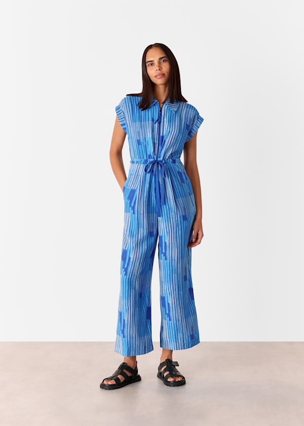 Blue Stripe Print Zip Jumpsuit