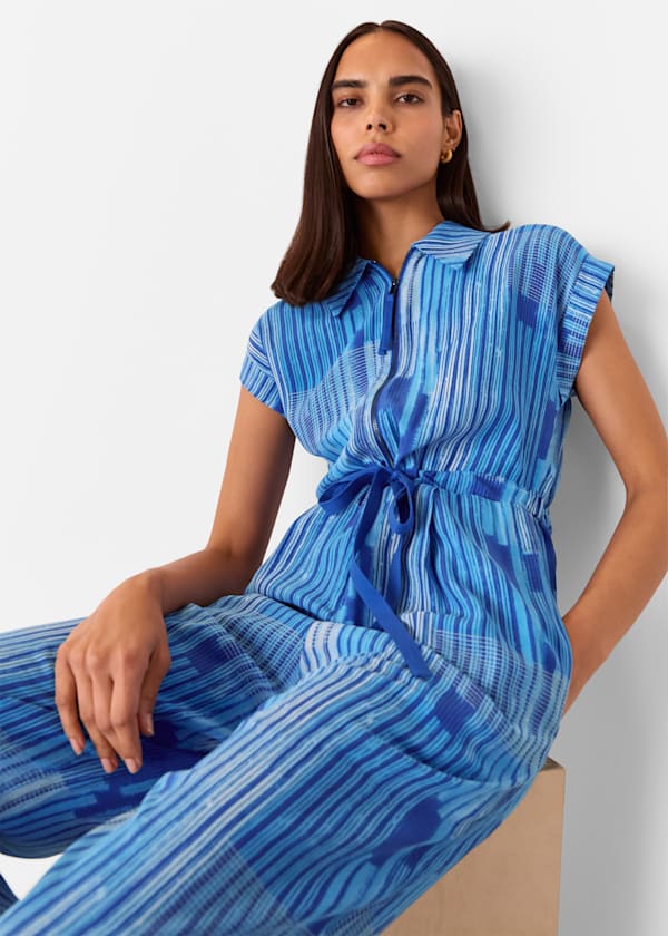 Blue Stripe Print Zip Jumpsuit