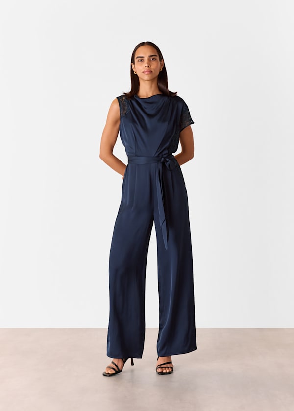Navy Satin Lace Occasion Jumpsuit