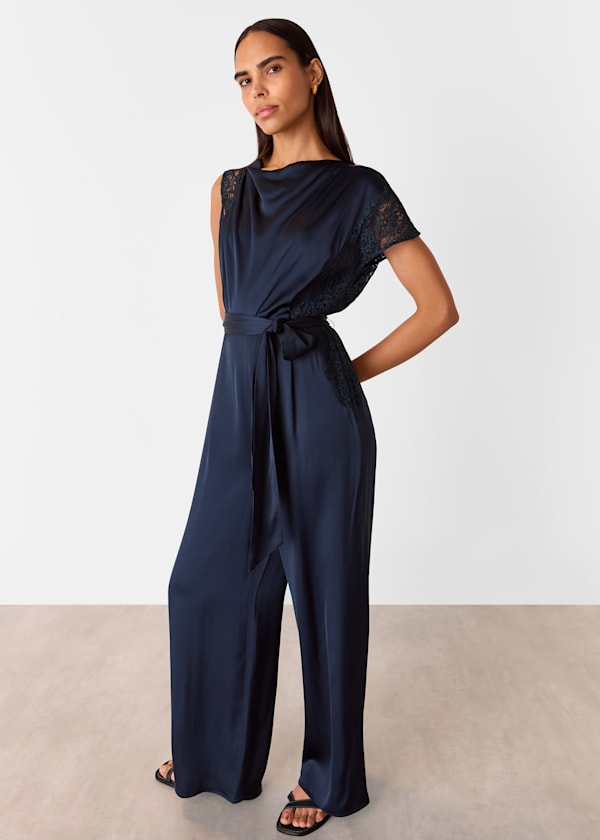 Navy Satin Lace Occasion Jumpsuit