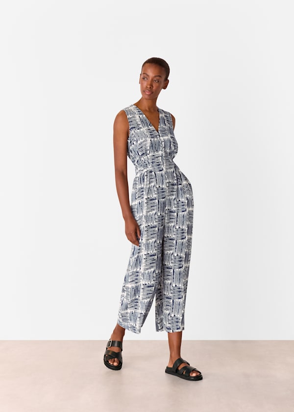 Navy Hatch Squares Jumpsuit
