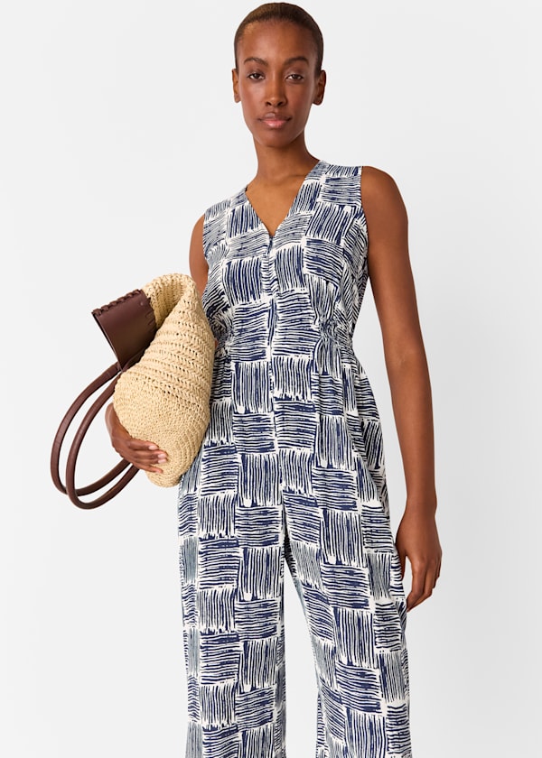 Navy Hatch Squares Jumpsuit